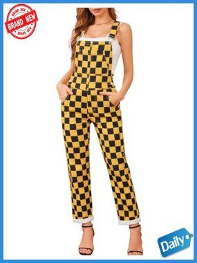 Womens Checkered Overalls Fashion Bib Coveralls Stretch Cotton Jumpsuit